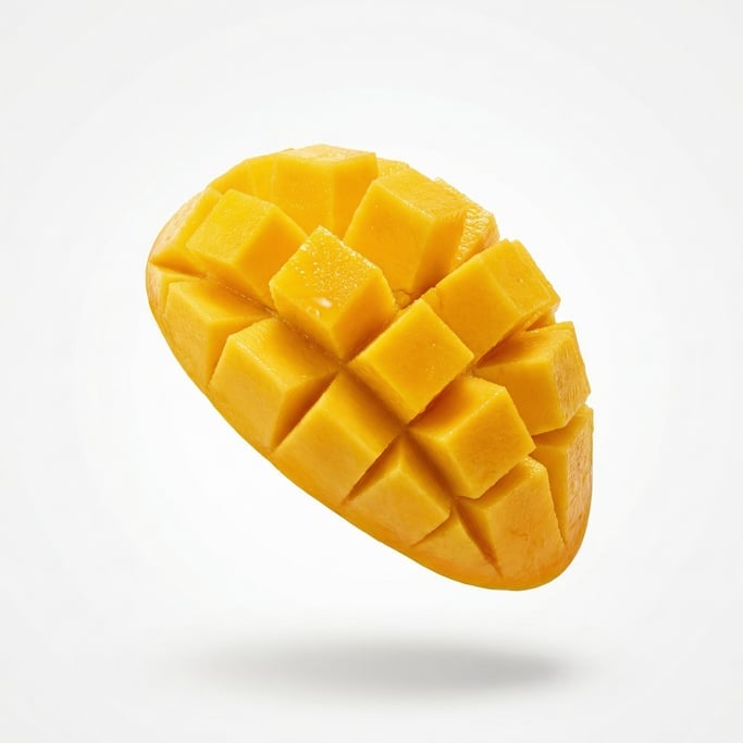 A ripe mango cut in the hedgehog style showing cubes of golden flesh