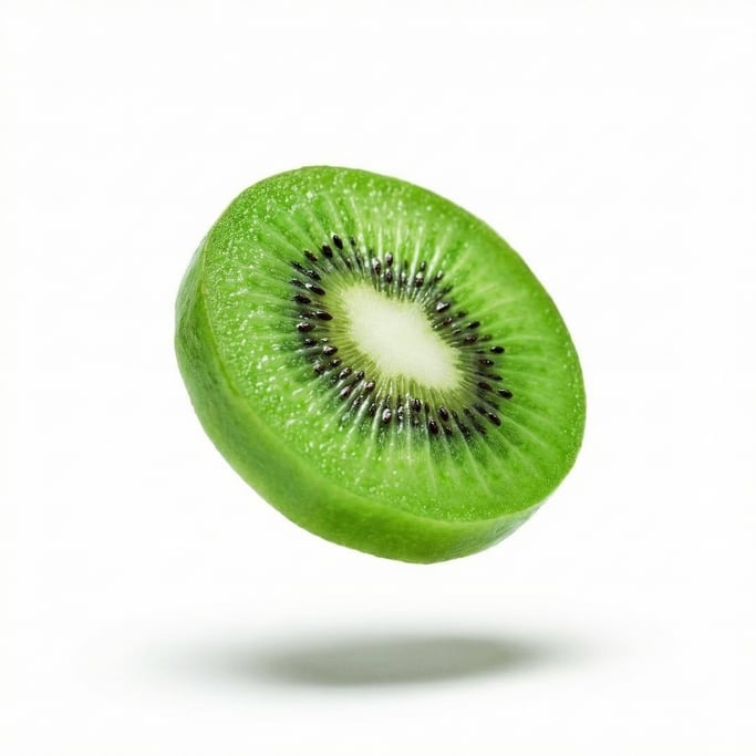 A sliced kiwi showing the bright green interior with black seeds