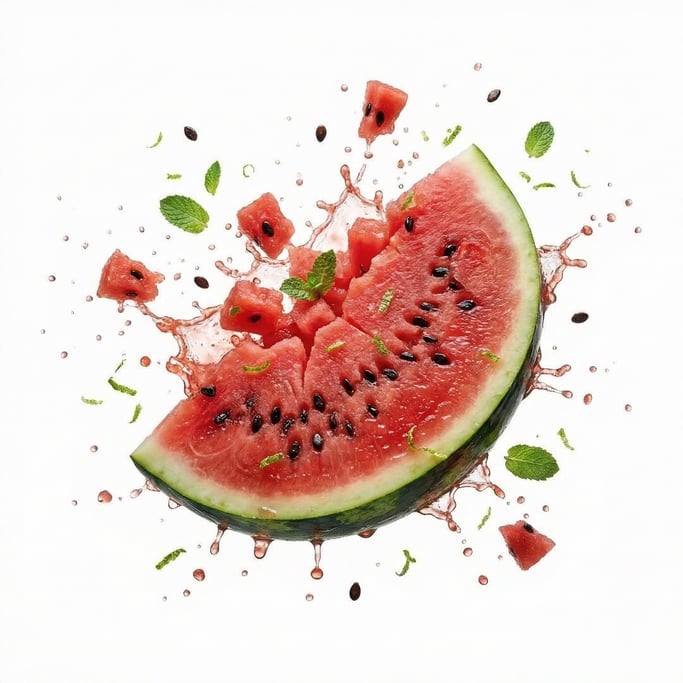 A wedge of watermelon with visible seeds and juicy red flesh