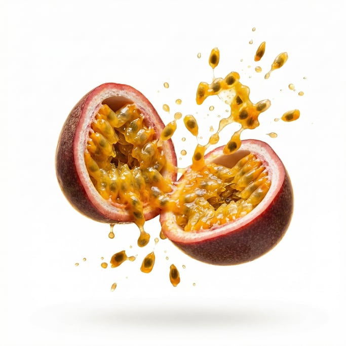 A halved passion fruit showing the pulpy seeds inside