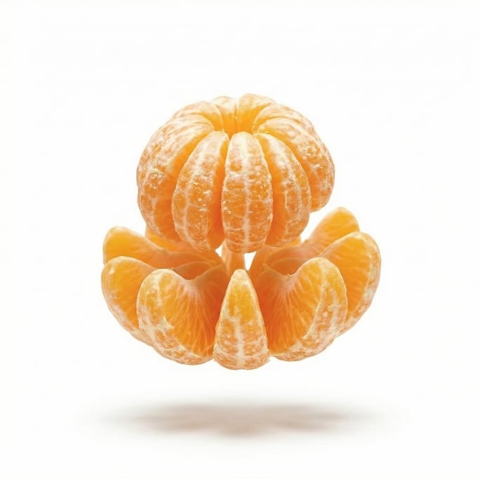 A peeled mandarin orange with segments separating, floating in mid-air in a neat stacked arrangement