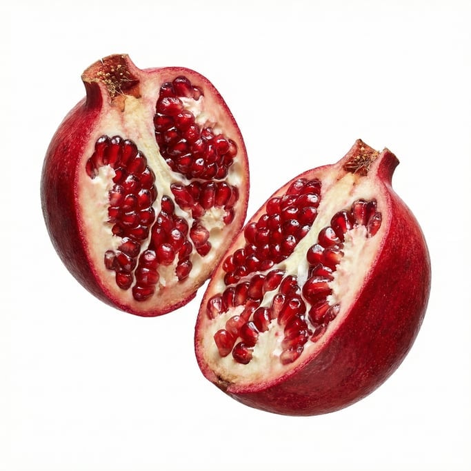 A split pomegranate showing ruby red seeds, floating in mid-air
