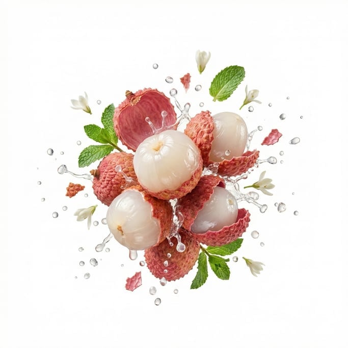 A cluster of fresh lychees, some peeled showing translucent flesh