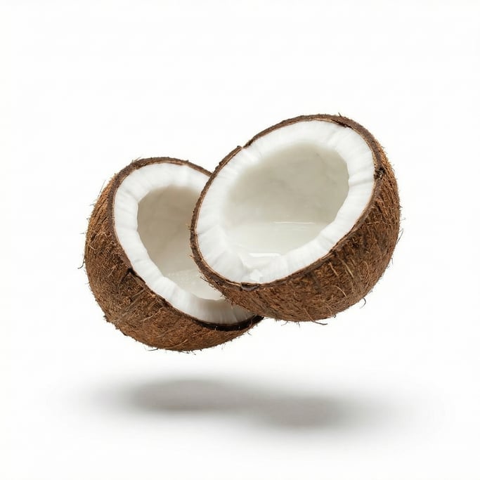 A halved coconut with white flesh and coconut water visible, floating in mid-air at a slight angle