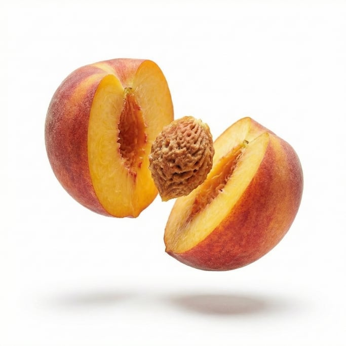 A ripe peach cut in half showing the stone, floating in mid-air