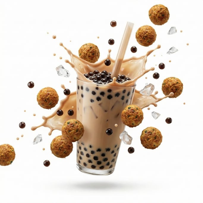 A glass of boba milk tea with tapioca pearls and a wide straw