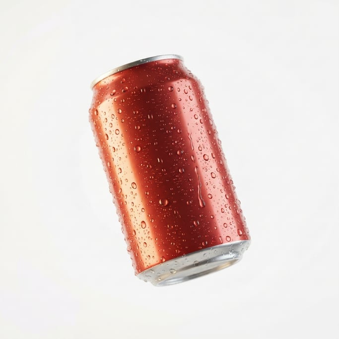A can of soda with condensation droplets on the surface, floating in mid-air