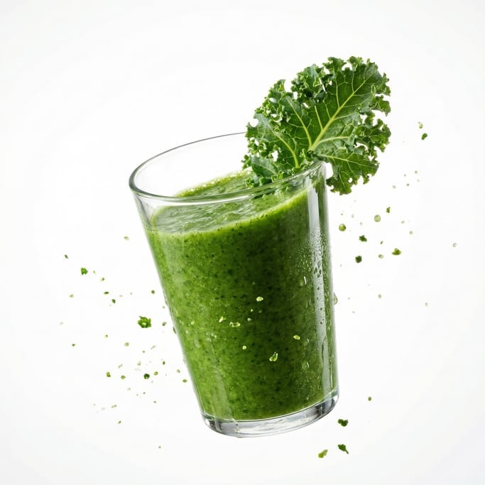 A fresh green smoothie in a glass with a kale leaf garnish, floating in mid-air