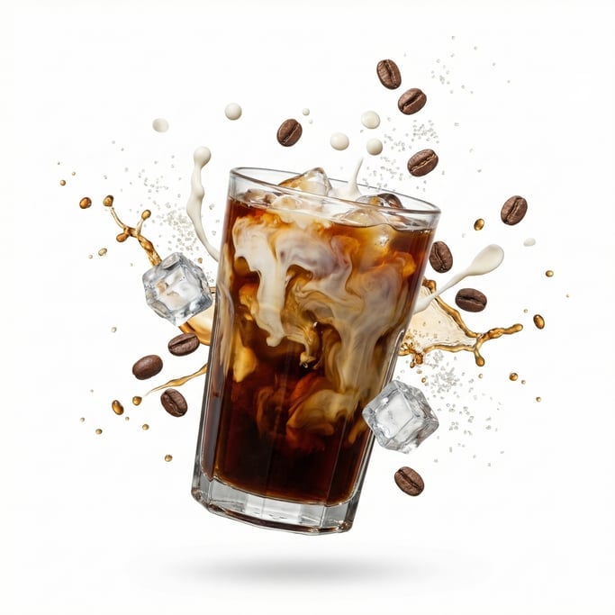 An iced coffee with cream swirling through dark coffee