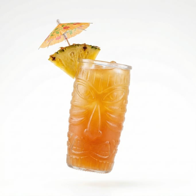 A tropical cocktail in a tiki glass with a pineapple wedge and umbrella, floating in mid-air