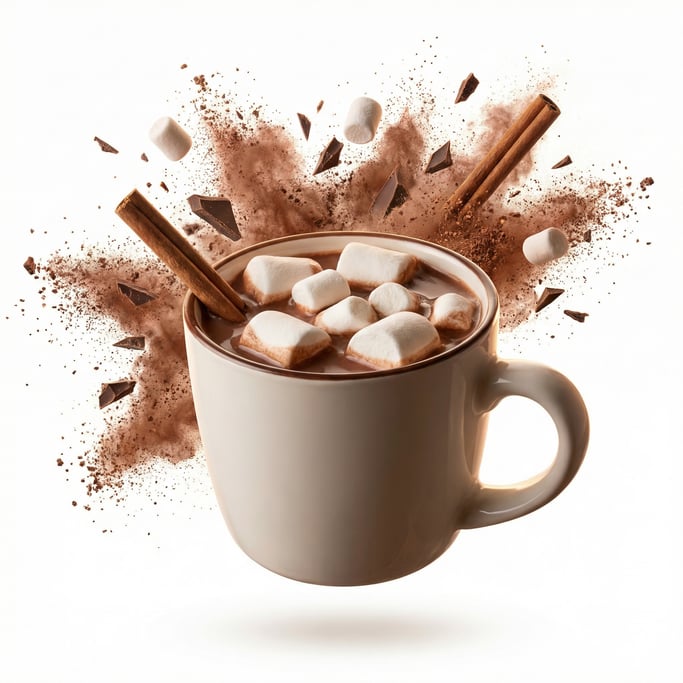 A cup of hot chocolate with marshmallows floating on top