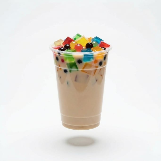 A bubble tea with colorful fruit jellies visible through the cup, floating in mid-air