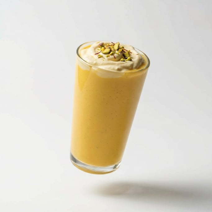 A glass of mango lassi with a swirl of cream on top, floating in mid-air at a slight angle
