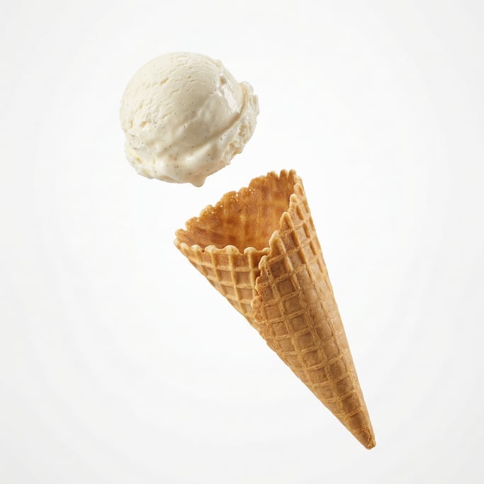 A scoop of vanilla ice cream in a waffle cone, floating in mid-air