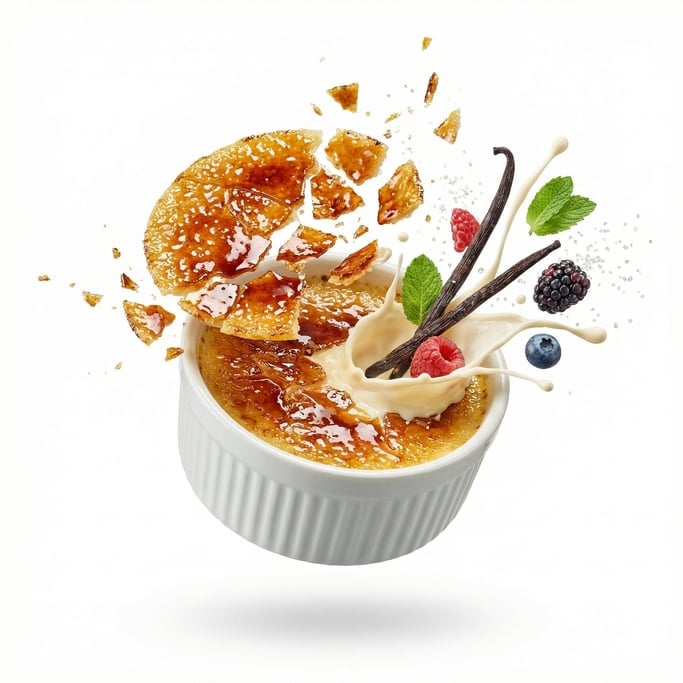 A crème brûlée with a cracked caramelized sugar top