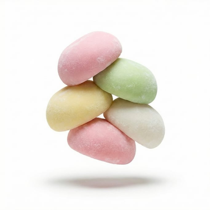 A stack of fresh mochi in pastel colors, floating in mid-air at a slight angle