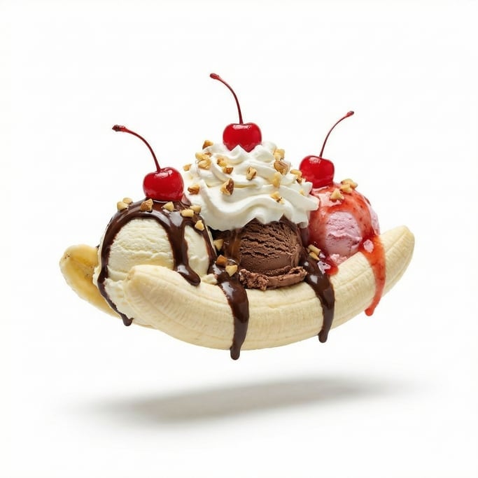 A banana split with ice cream, whipped cream, and cherry on top