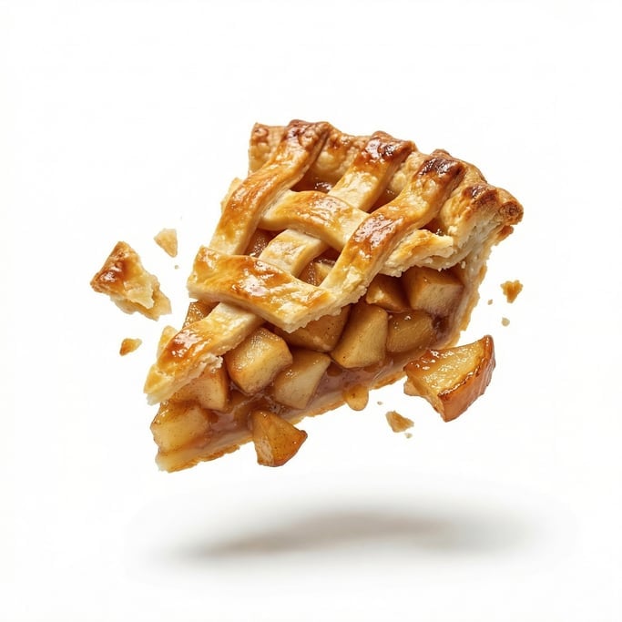 A slice of apple pie with a golden lattice crust, floating in mid-air