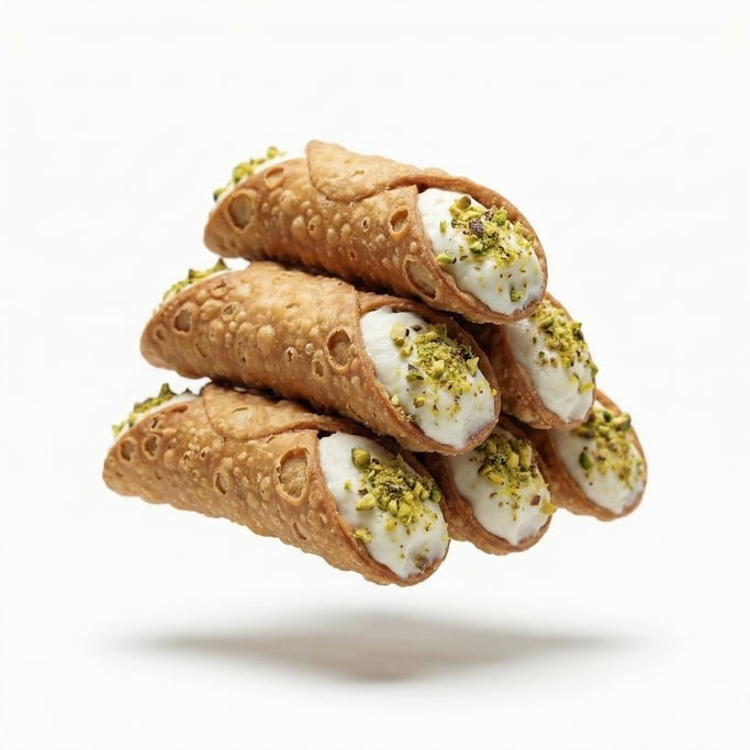 Fresh cannoli with ricotta cream and pistachio crumbles