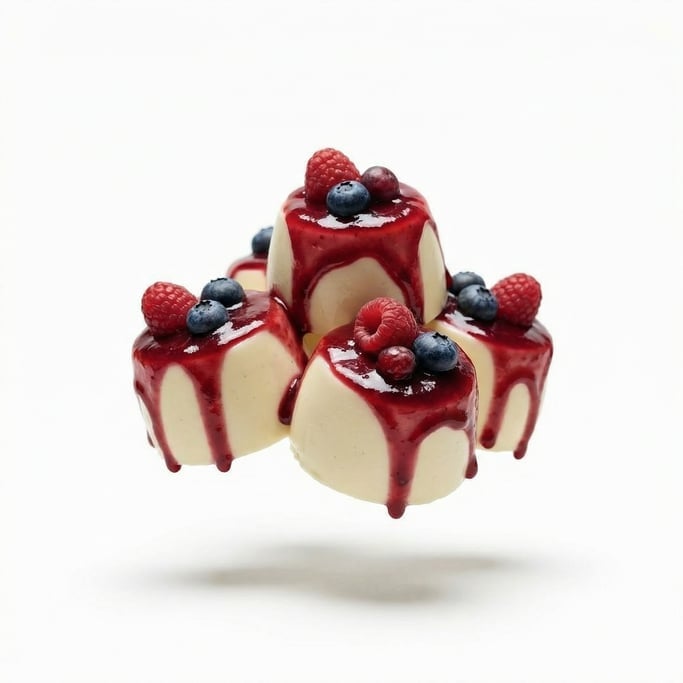 A panna cotta with berry coulis drizzled over the top, floating in mid-air in a tight cluster