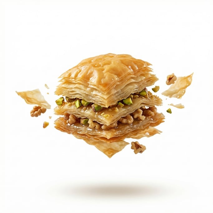 A piece of baklava showing the layers of phyllo and nuts, floating in mid-air