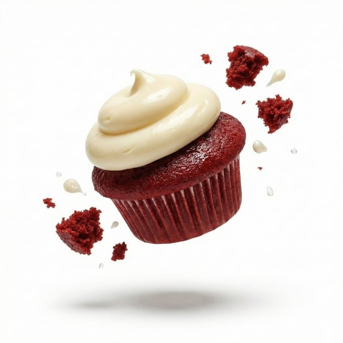 A red velvet cupcake with cream cheese frosting swirl