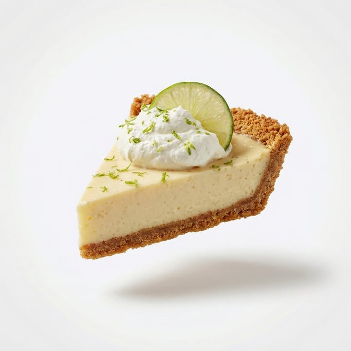A slice of key lime pie with whipped cream on a graham crust, floating in mid-air