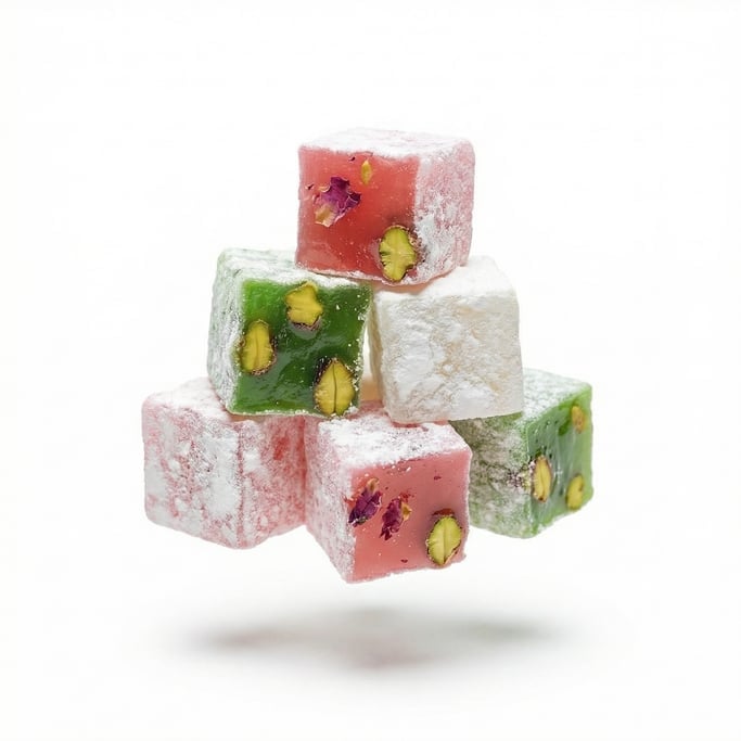 A tray of fresh Turkish delight in pink, green, and white dusted in powdered sugar