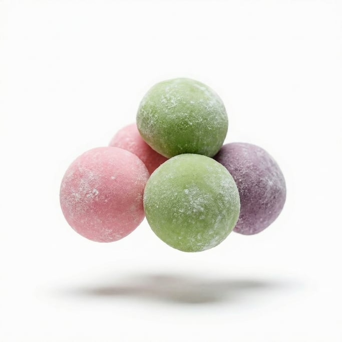 Japanese mochi ice cream in assorted colors — pink, green, purple, floating in mid-air