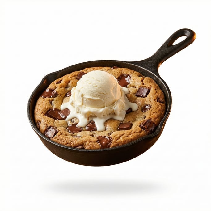 A warm chocolate chip skillet cookie with melting ice cream on top, floating in mid-air
