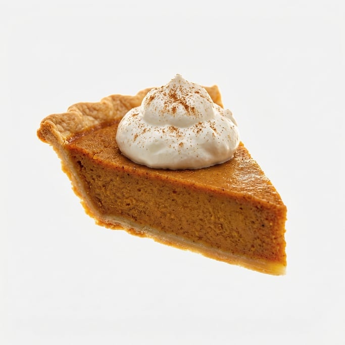 A slice of pumpkin pie with a dollop of whipped cream