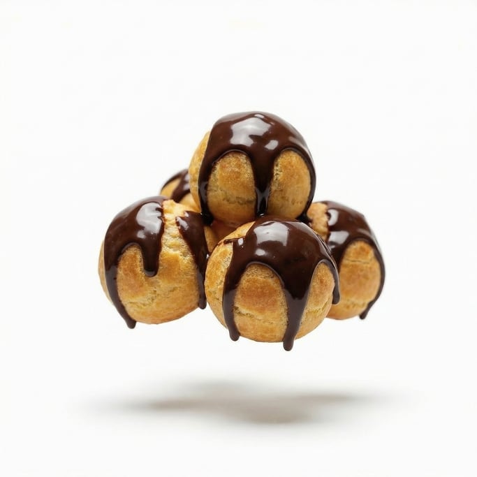 Profiteroles drizzled with dark chocolate sauce, floating in mid-air at a slight angle