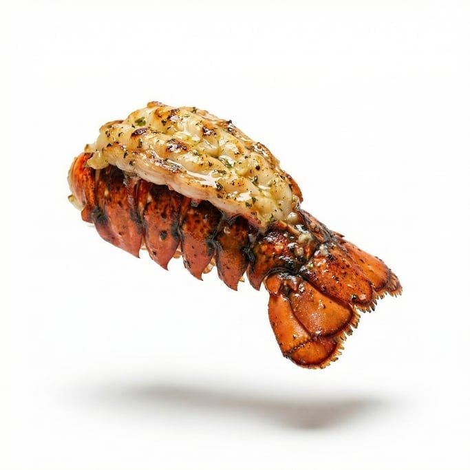 A whole grilled lobster tail with melted butter, floating in mid-air
