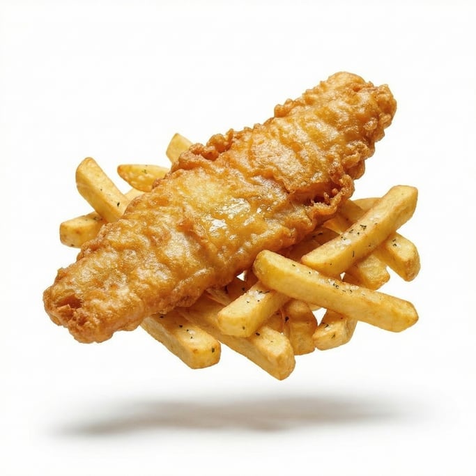 Crispy fish and chips with a golden battered fillet, floating in mid-air at a slight angle