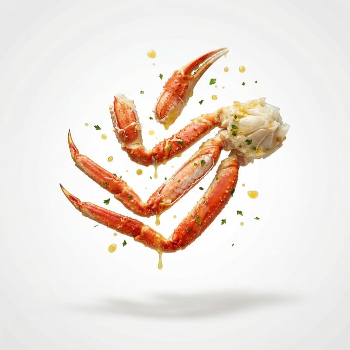 Fresh crab legs with drawn butter, floating in mid-air, pieces gently separating and drifting apart