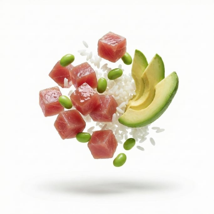 A poke bowl with raw tuna, rice, edamame, and avocado, floating in mid-air