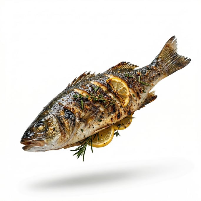 A whole grilled sea bass with lemon and herbs, floating in mid-air