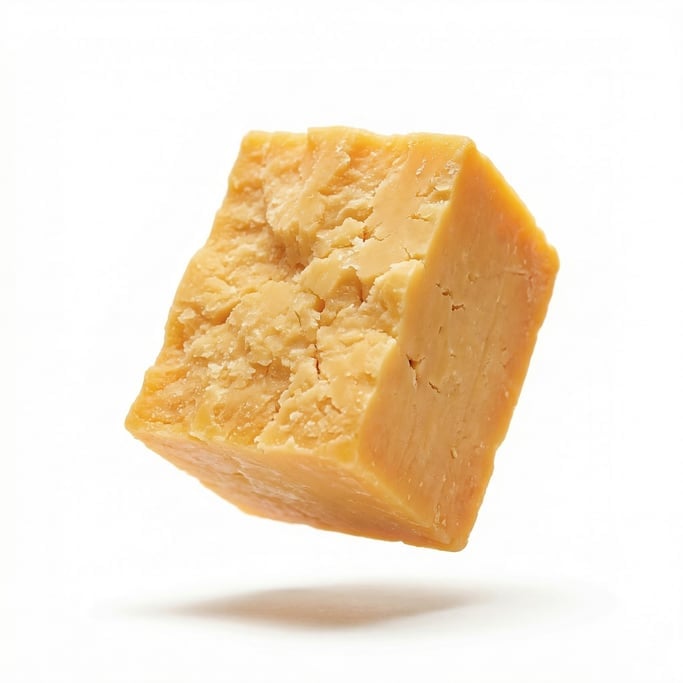 A chunk of sharp cheddar with visible crumbly texture, floating in mid-air at a slight angle