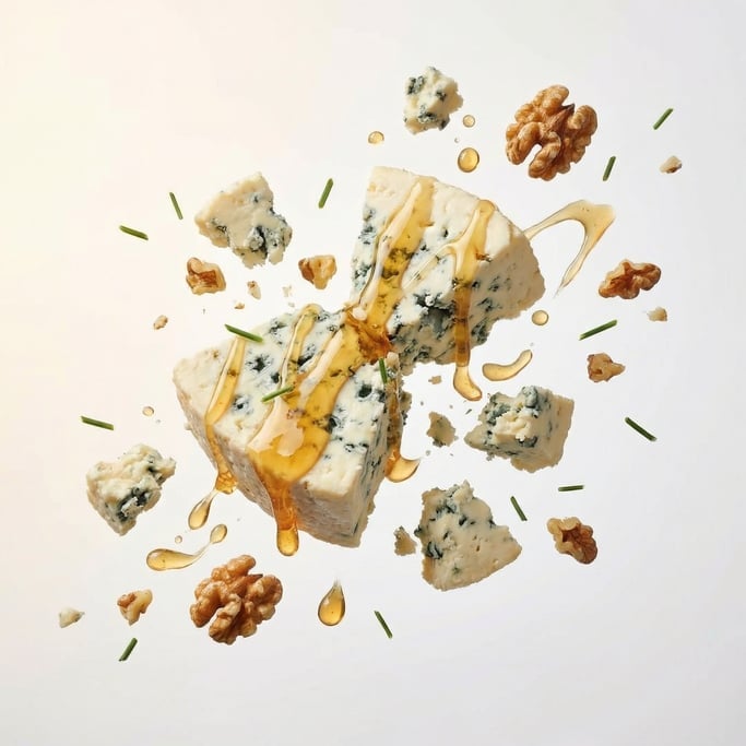 Blue cheese crumbles with honey drizzle
