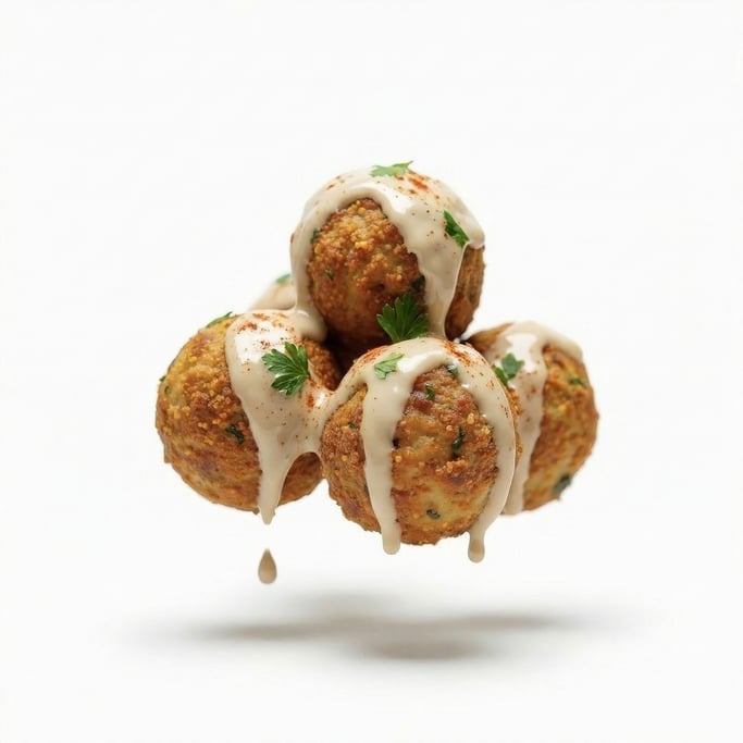 A plate of golden crispy falafel balls with tahini sauce, floating in mid-air in a tight cluster