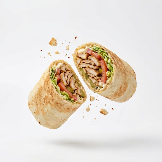 A shawarma wrap cut in half showing layers of meat and vegetables