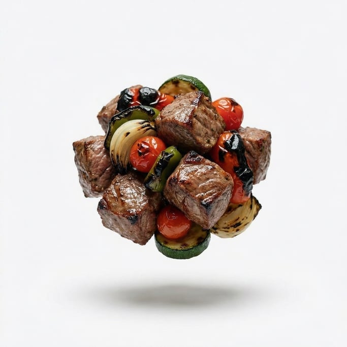 A kebab platter with grilled lamb pieces and charred vegetables, floating in mid-air