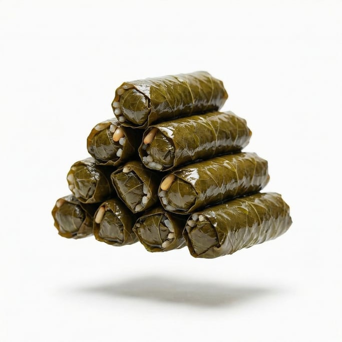 Stuffed grape leaves (dolma) arranged in a cluster