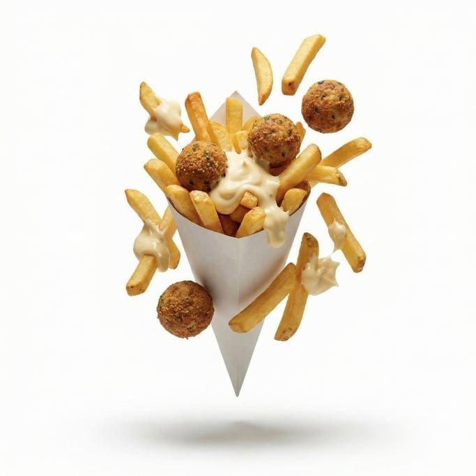 A paper cone of Belgian fries with mayonnaise
