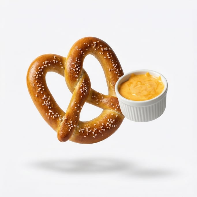 A soft pretzel with cheese dip, floating in mid-air at a slight angle, casting a soft shadow below