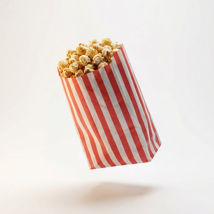 Fresh kettle corn in a red and white striped bag, floating in mid-air at a slight angle