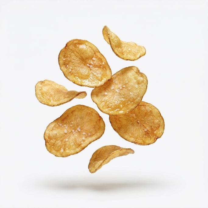 Crispy potato chips with sea salt crystals visible, floating in mid-air