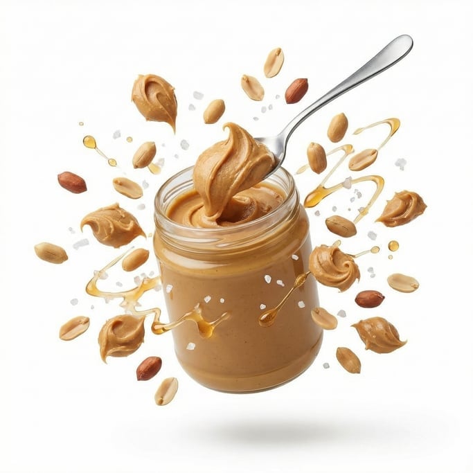 A jar of peanut butter with a spoon scooping out a swirl