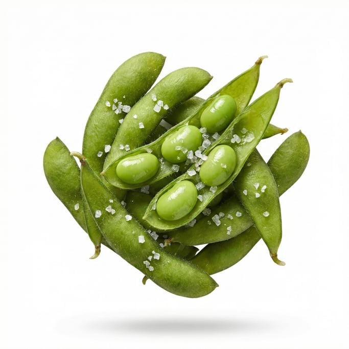 Edamame pods with sea salt, some opened showing beans, floating in mid-air in a tight cluster