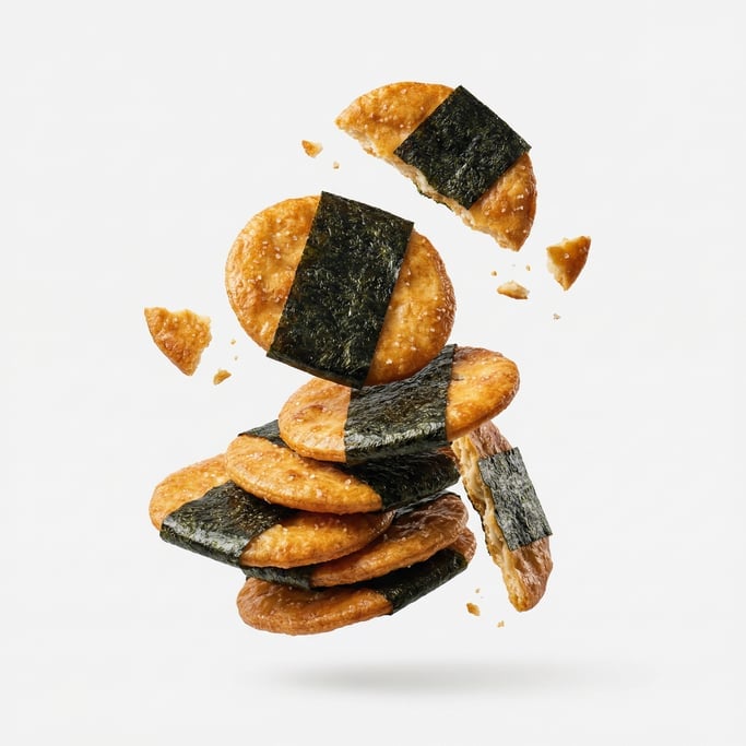 A stack of rice crackers with nori strips, floating in mid-air
